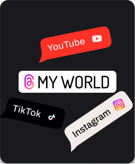 Share tags for YouTube, Instagram and TikTok pointing to a “My World” link